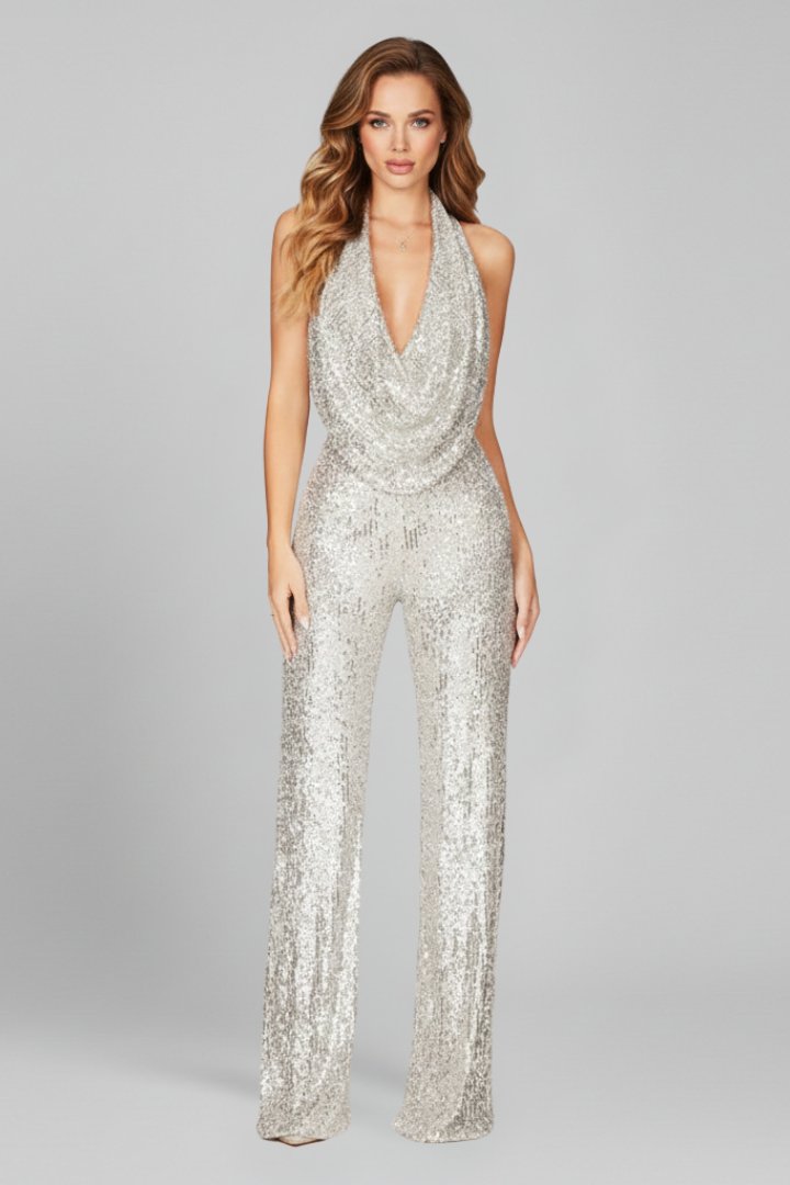Maya Sequin Halter Cowl Neck Jumpsuit