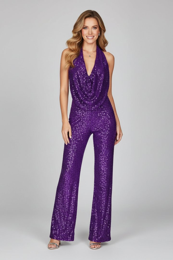 Maya Sequin Halter Cowl Neck Jumpsuit