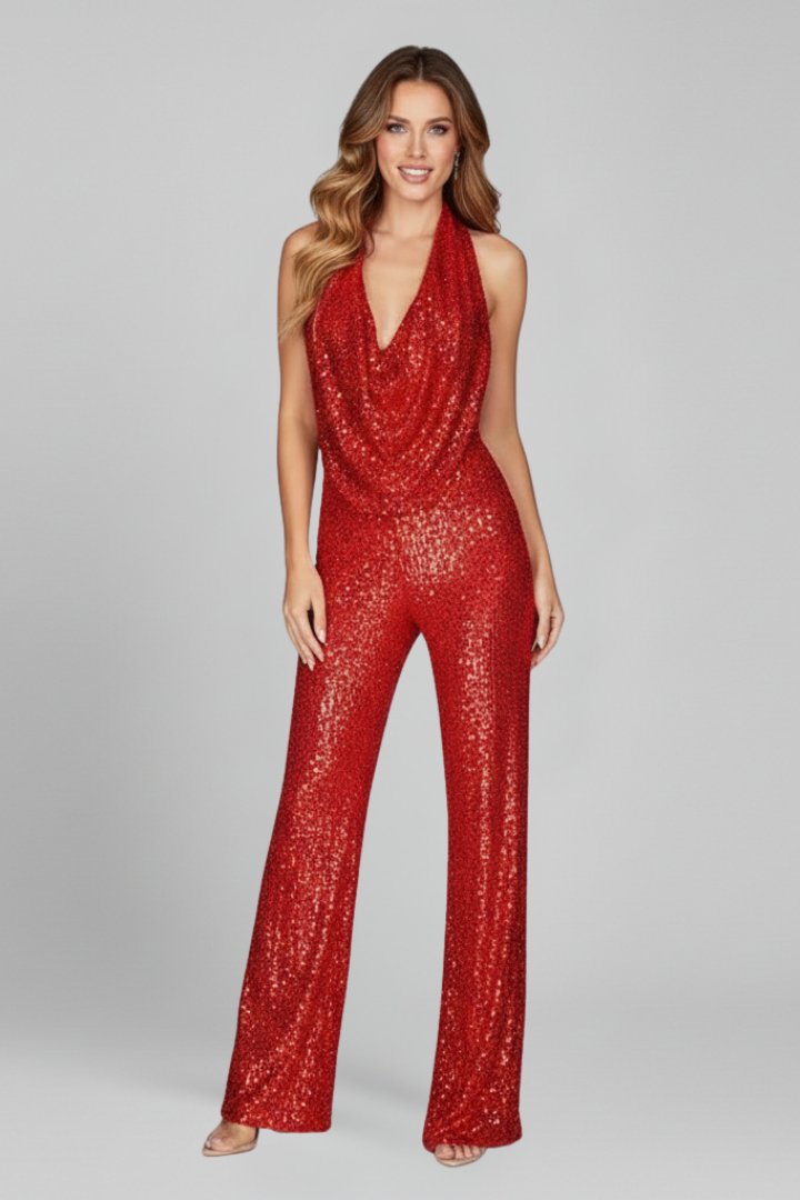 Maya Sequin Halter Cowl Neck Jumpsuit