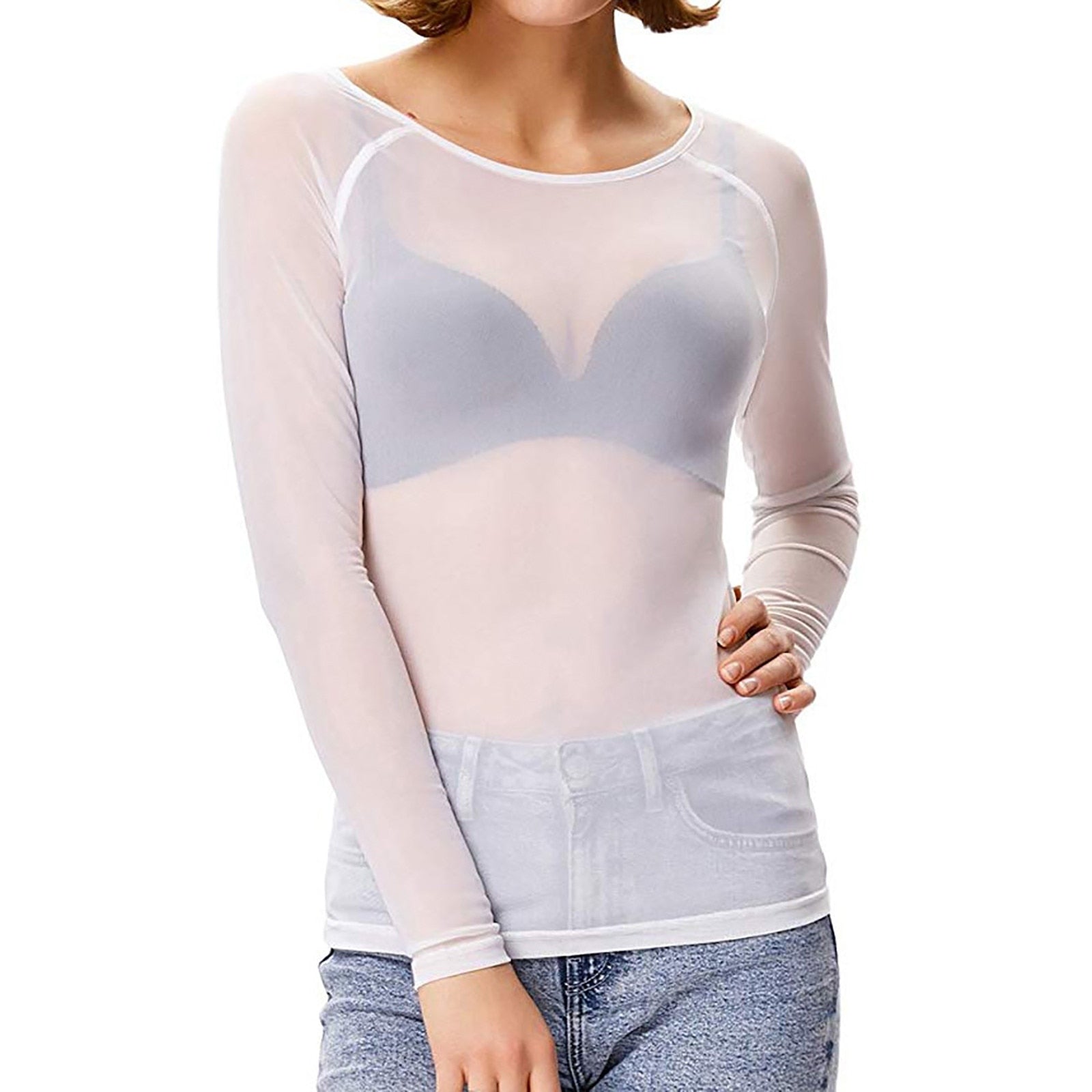 Long Sleeve Mesh Evening Top With Sheer Detail