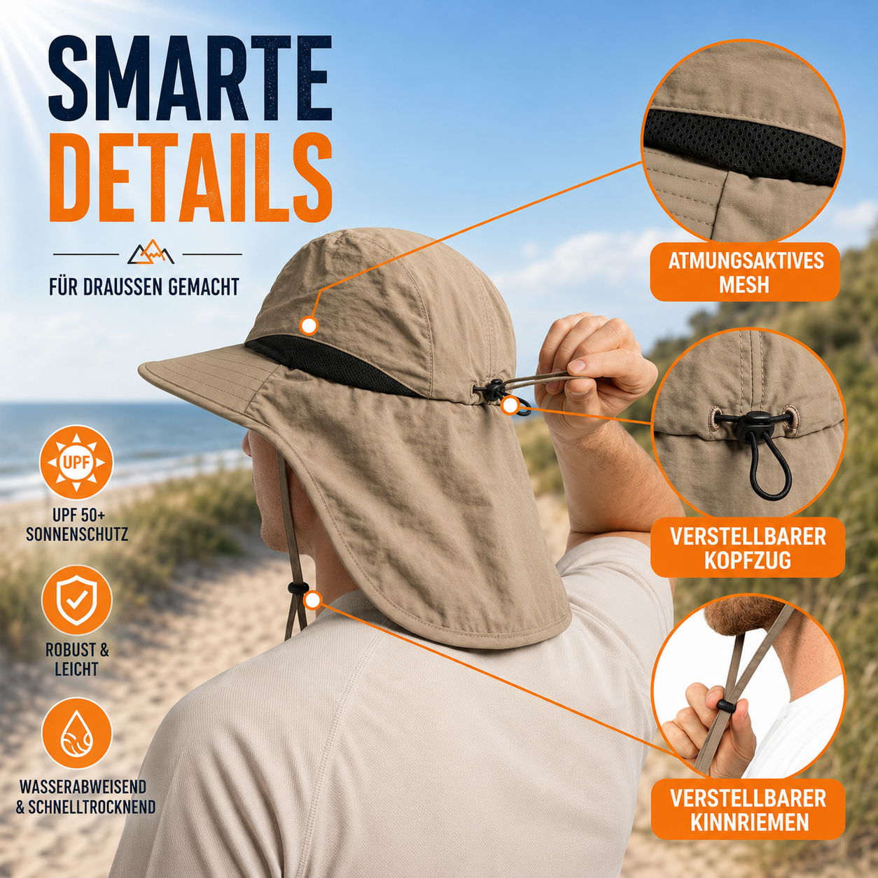 Wide Brim Sun Hat with Neck Flap and UV Protection
