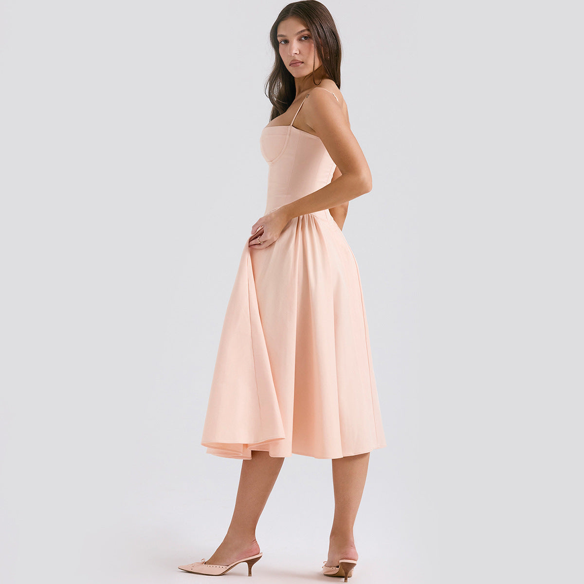 Corset Midi Dress with Fitted Bodice and Adjustable Straps