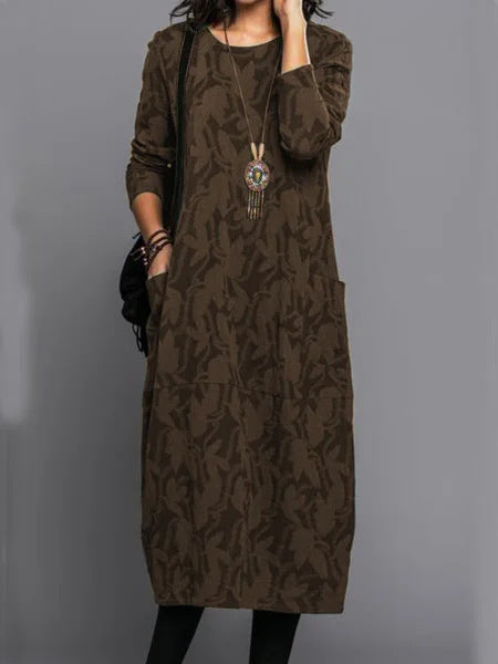 Leaf Print Winter Dress With Pockets