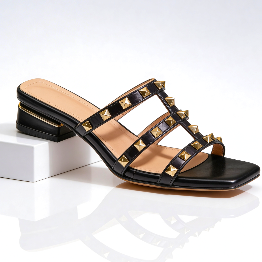 Studded Square Toe Mule Sandals with Low Block Heel