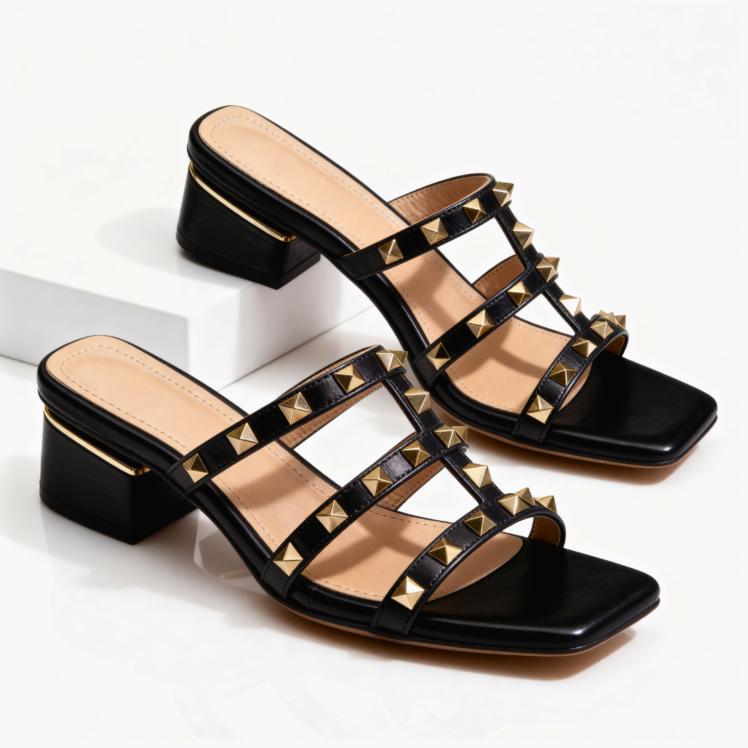 Studded Square Toe Mule Sandals with Low Block Heel