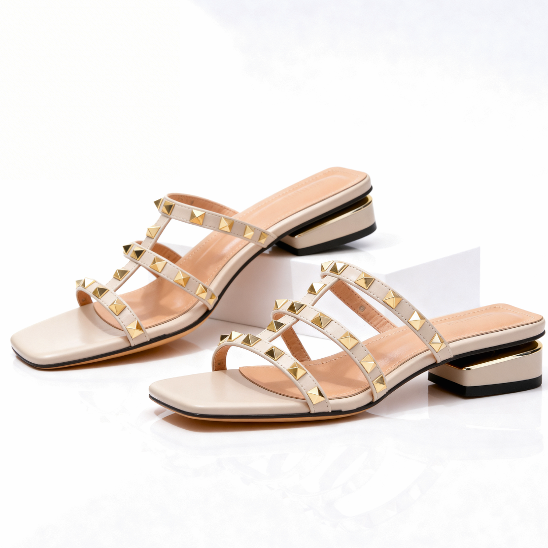 Studded Square Toe Mule Sandals with Low Block Heel