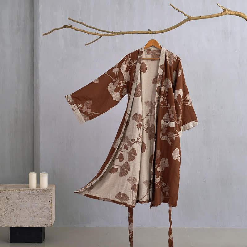 Reversible Cotton Kimono Robe With Ginkgo Print