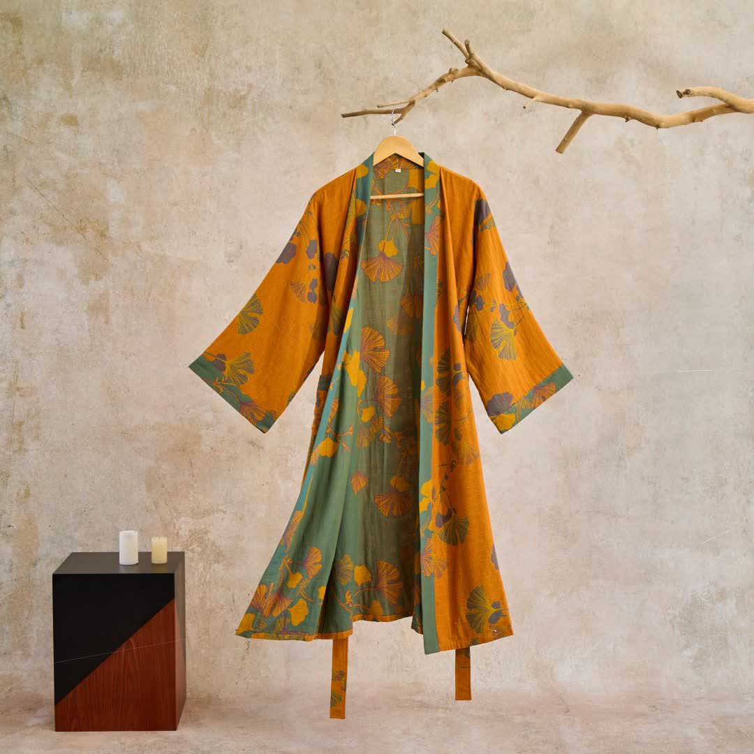 Reversible Cotton Kimono Robe With Ginkgo Print