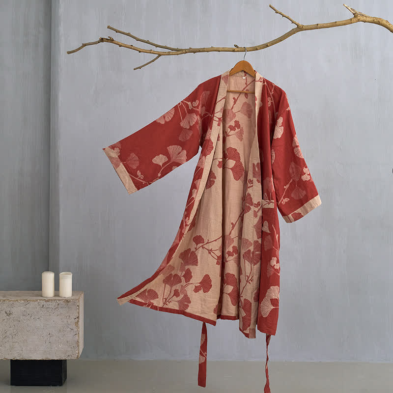 Reversible Cotton Kimono Robe With Ginkgo Print