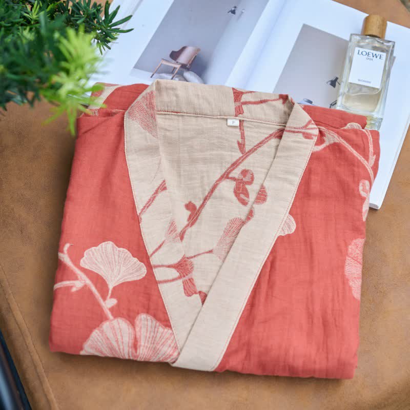 Reversible Cotton Kimono Robe With Ginkgo Print