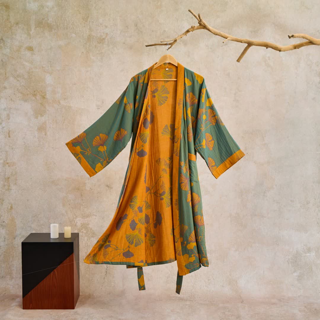 Reversible Cotton Kimono Robe With Ginkgo Print