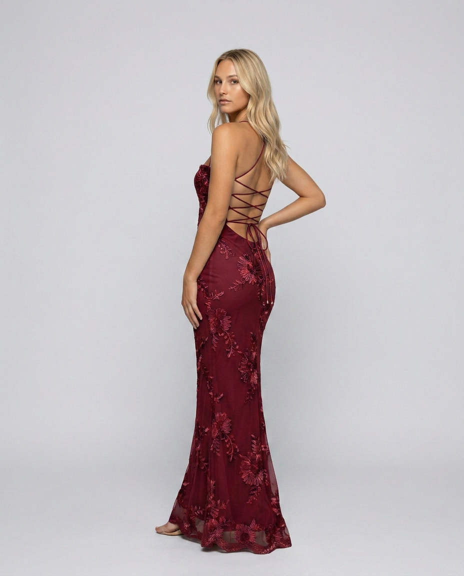 Floral Appliqué Lace-Up Back Maxi Dress