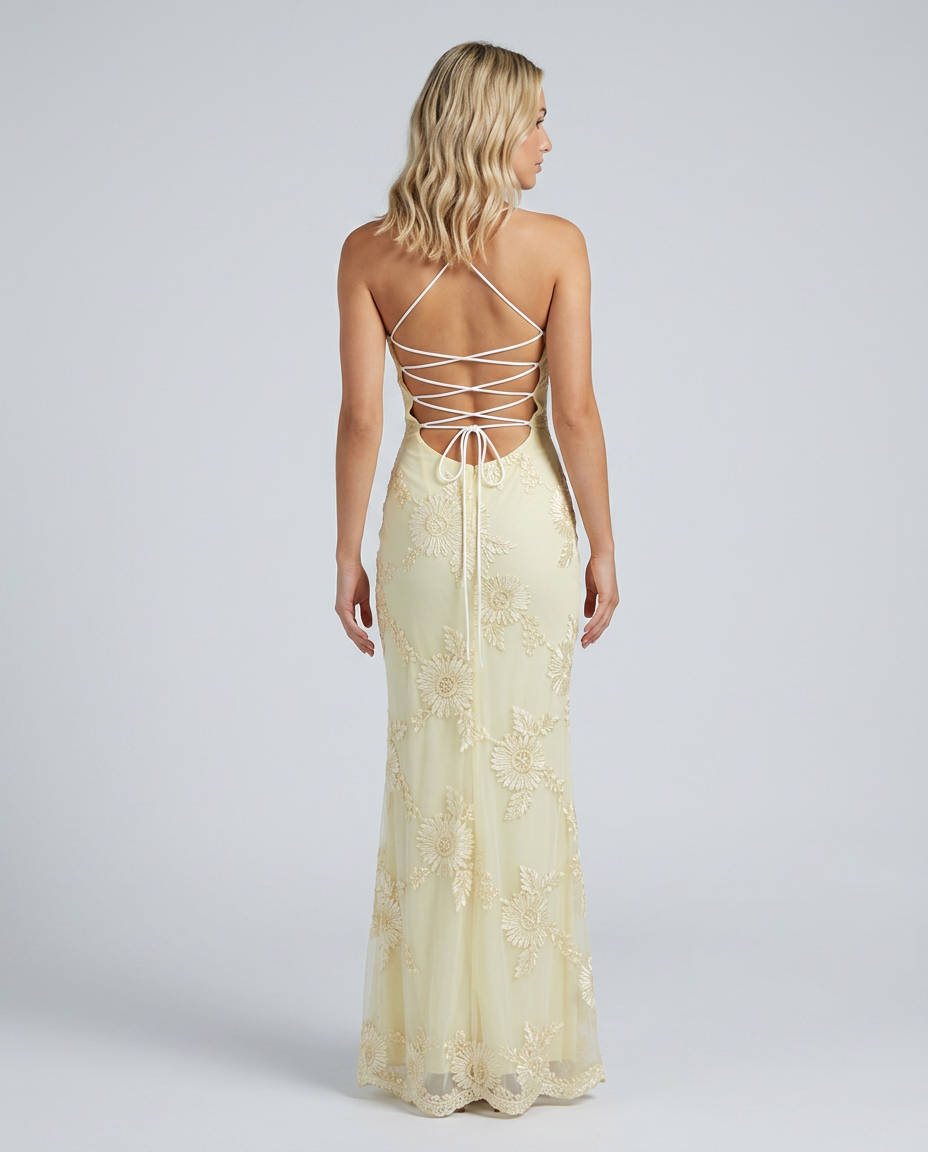Floral Appliqué Lace-Up Back Maxi Dress