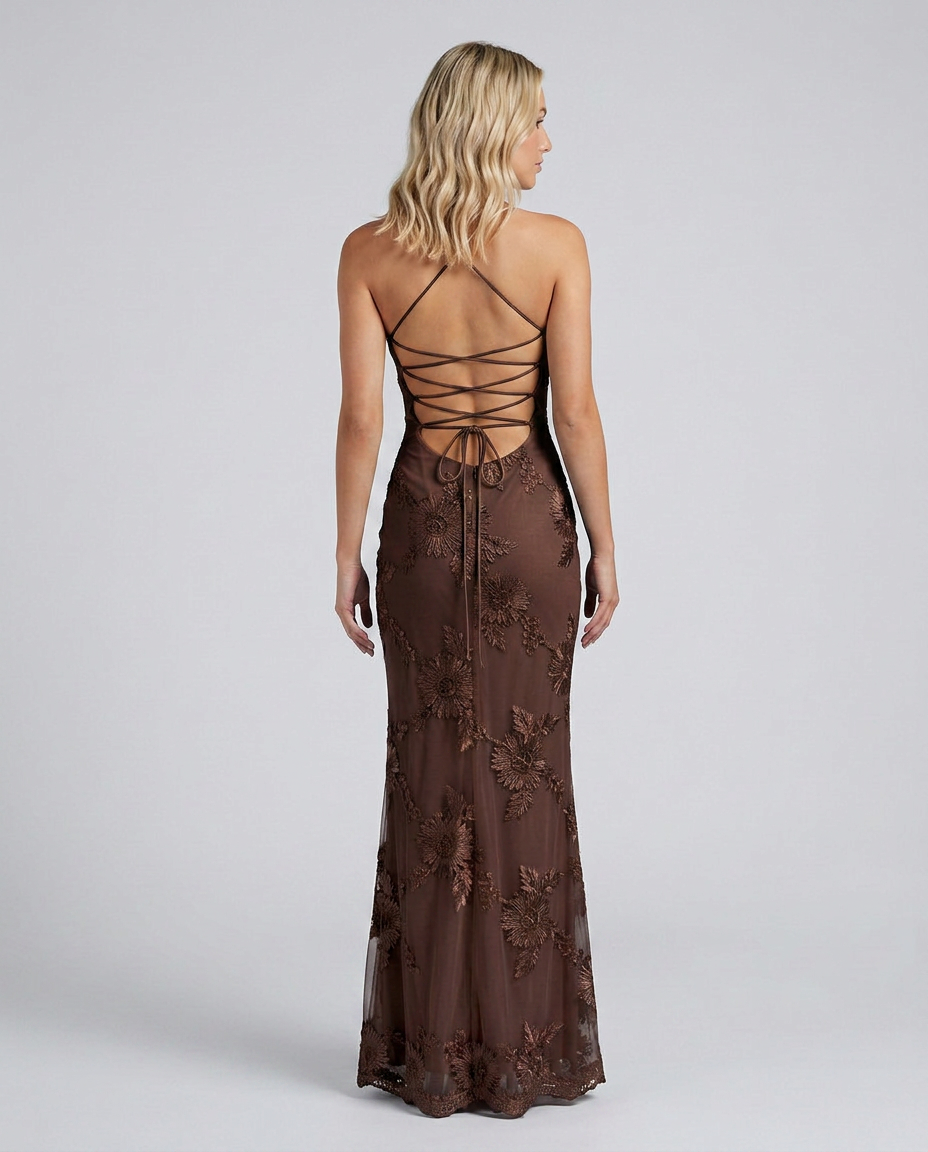 Floral Appliqué Lace-Up Back Maxi Dress