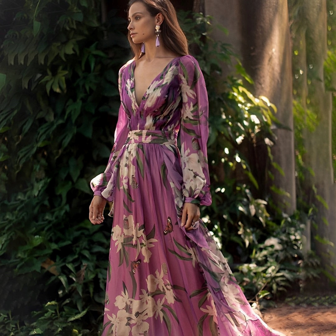 Floral V-Neck Long Sleeve Maxi Dress