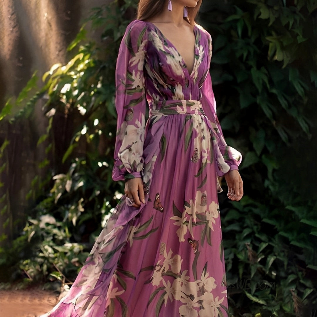 Floral V-Neck Long Sleeve Maxi Dress