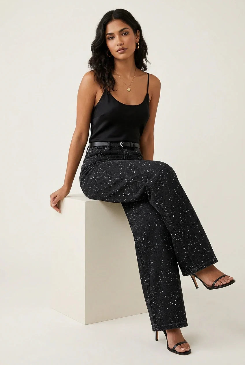 High-Waisted Straight Leg Sequin Detail Jeans