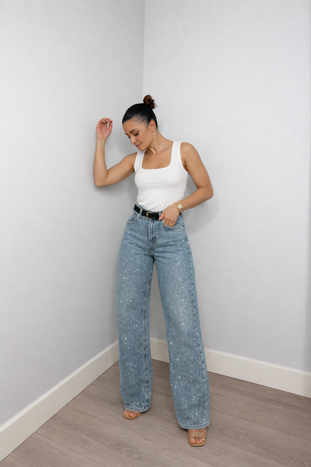 High-Waisted Straight Leg Sequin Detail Jeans