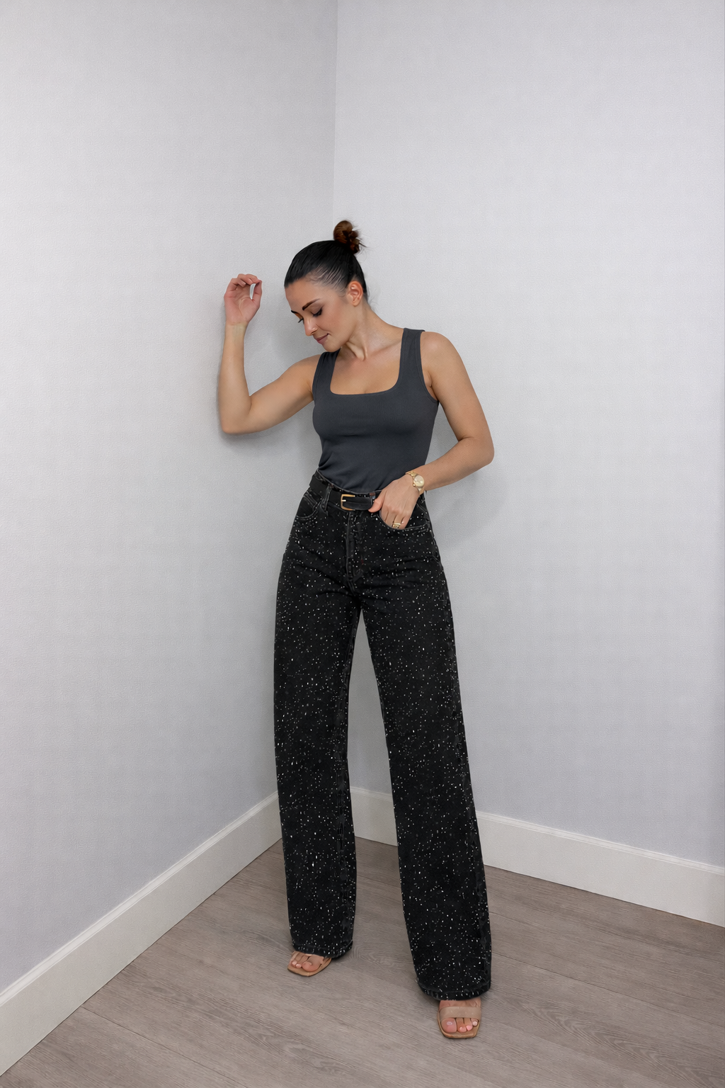 High-Waisted Straight Leg Sequin Detail Jeans