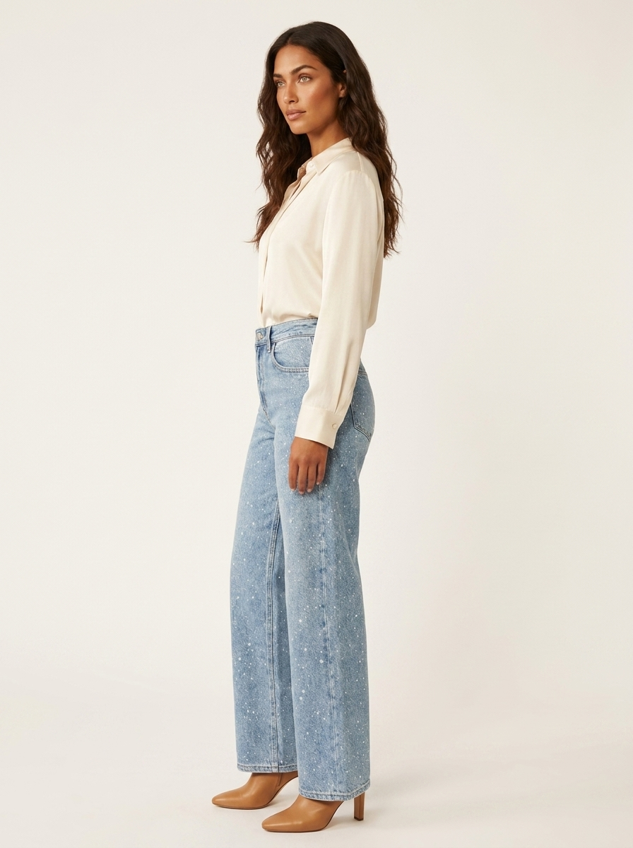 High-Waisted Straight Leg Sequin Detail Jeans