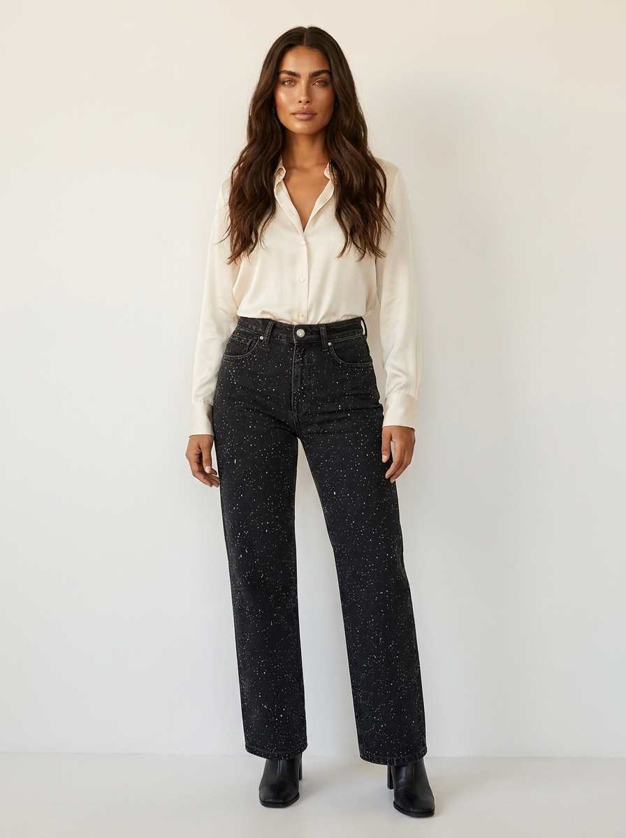 High-Waisted Straight Leg Sequin Detail Jeans