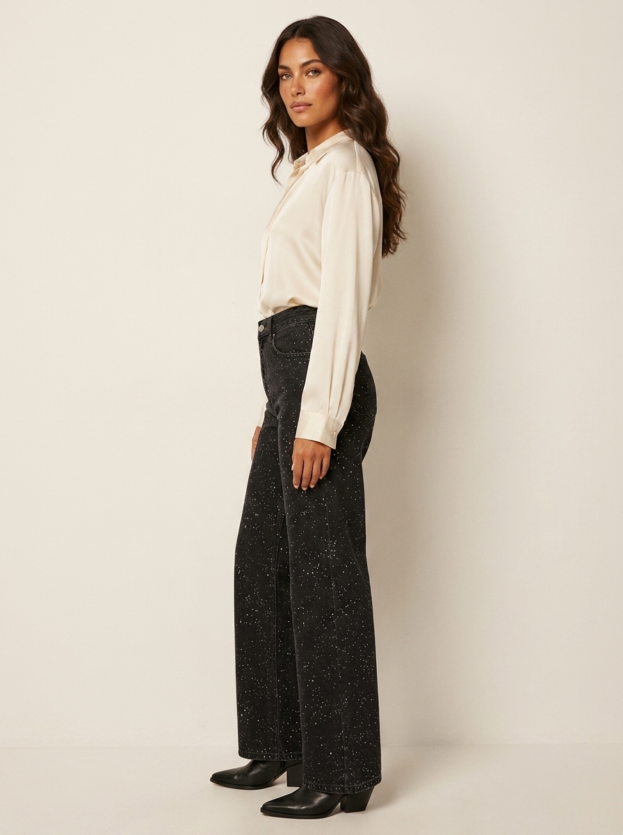 High-Waisted Straight Leg Sequin Detail Jeans