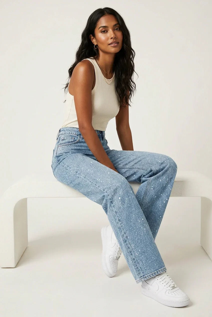 High-Waisted Straight Leg Sequin Detail Jeans