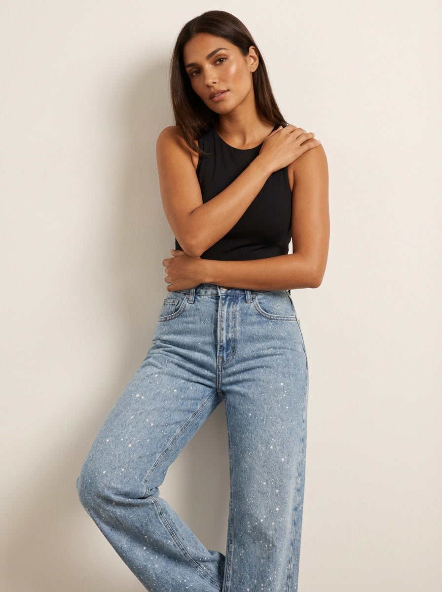 High-Waisted Straight Leg Sequin Detail Jeans