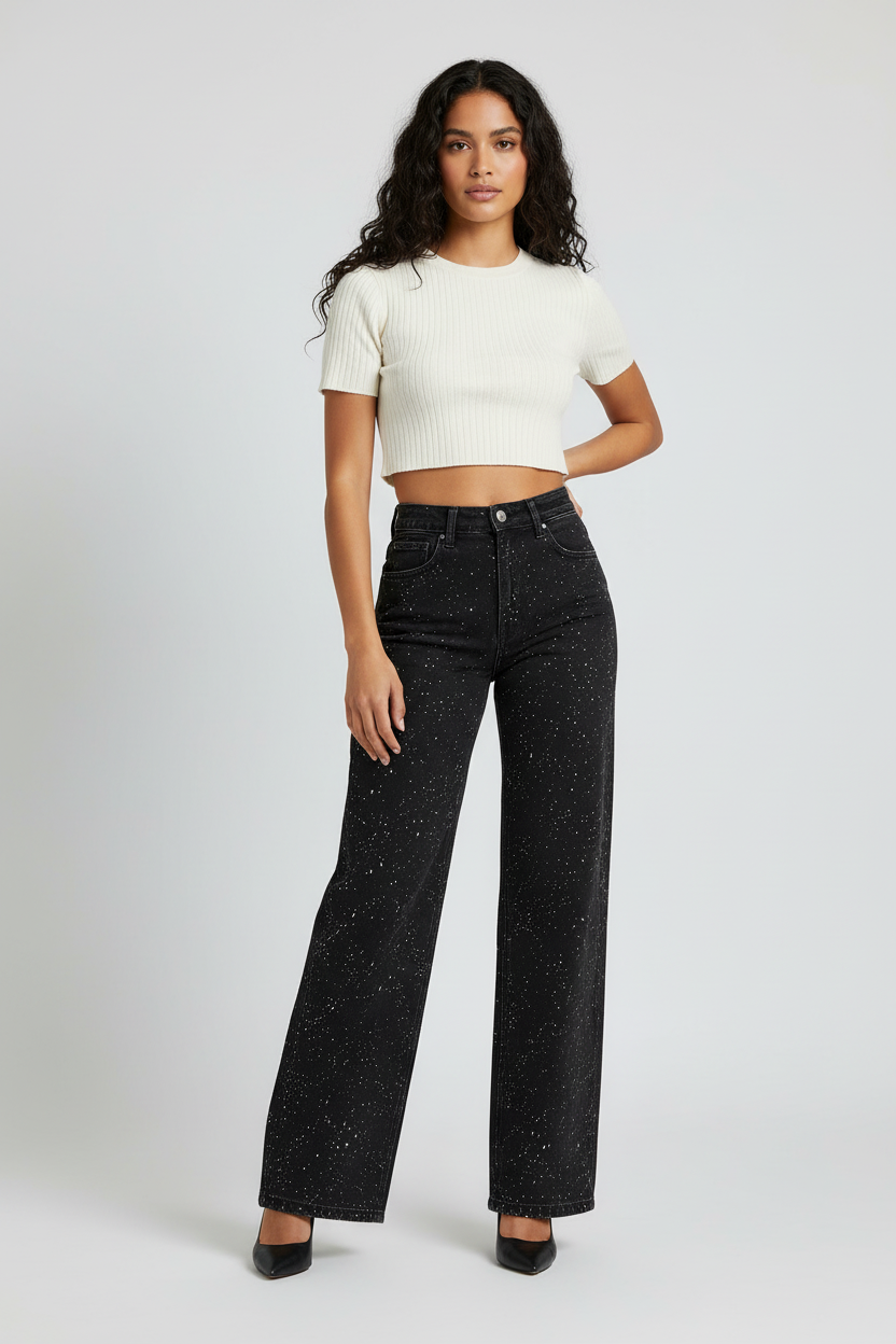 High-Waisted Straight Leg Sequin Detail Jeans
