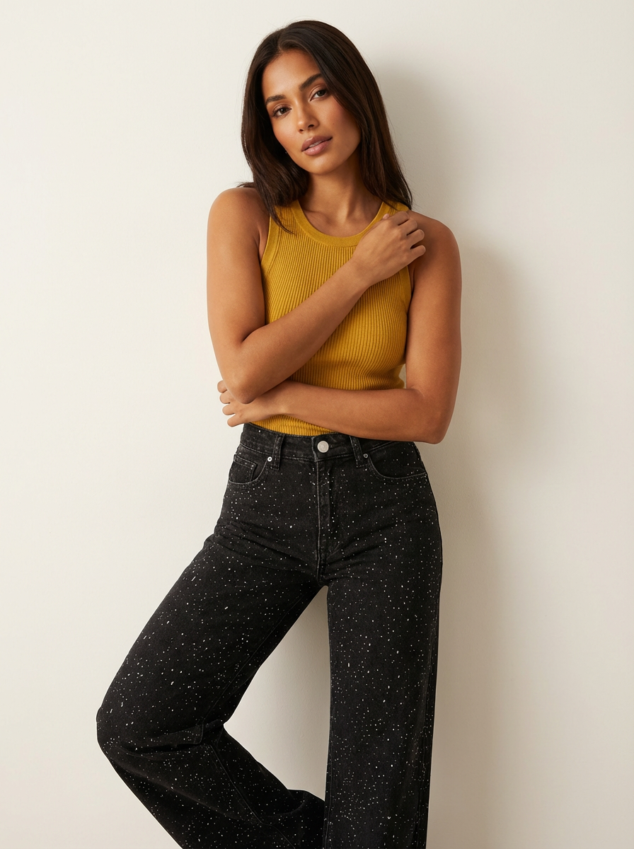 High-Waisted Straight Leg Sequin Detail Jeans