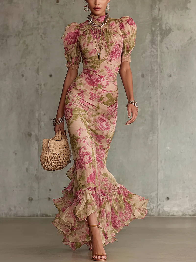 Women's Vintage Rose Print Puff Sleeve Maxi Dress