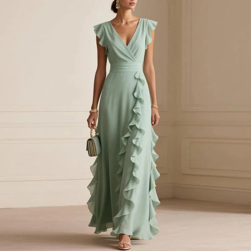 Deep V-Neck Ruffle Trim Maxi Dress