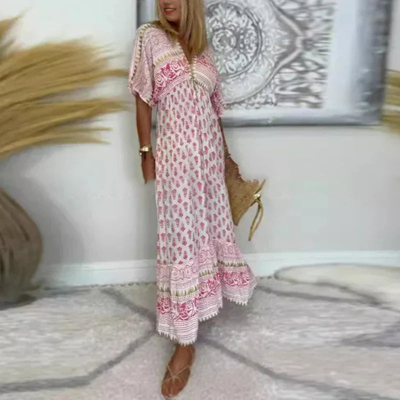 Boho Print Short Sleeve Maxi Dress