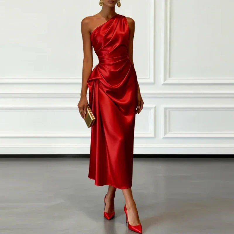 Asymmetric Neckline Satin Midi Dress for Special Occasions