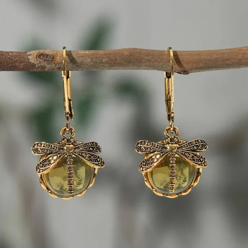 Dragonfly Antique Drop Earrings with Enamel Detail