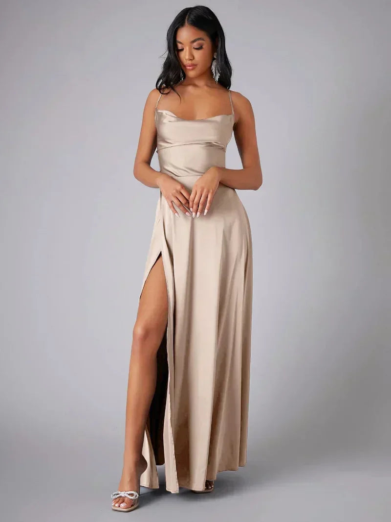 High Split Open Back Satin Evening Dress