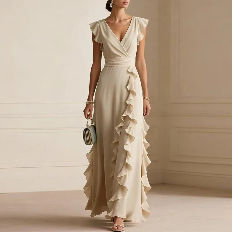 Deep V-Neck Ruffle Trim Maxi Dress