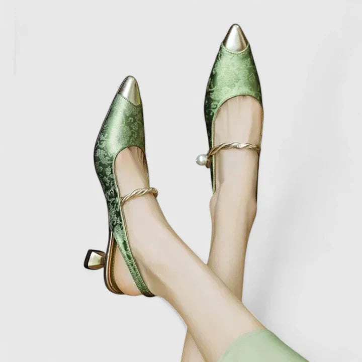 Pearl Strap Block Heel Pumps with Jacquard Texture