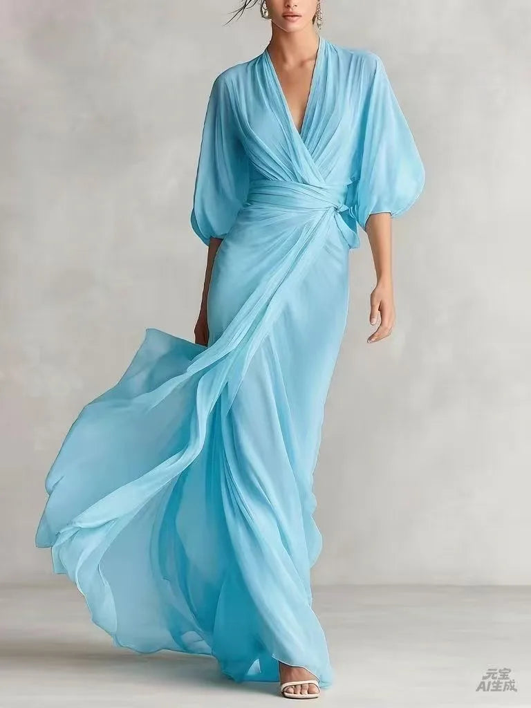 Deep V-Neck Batwing Sleeve Chiffon Maxi Dress