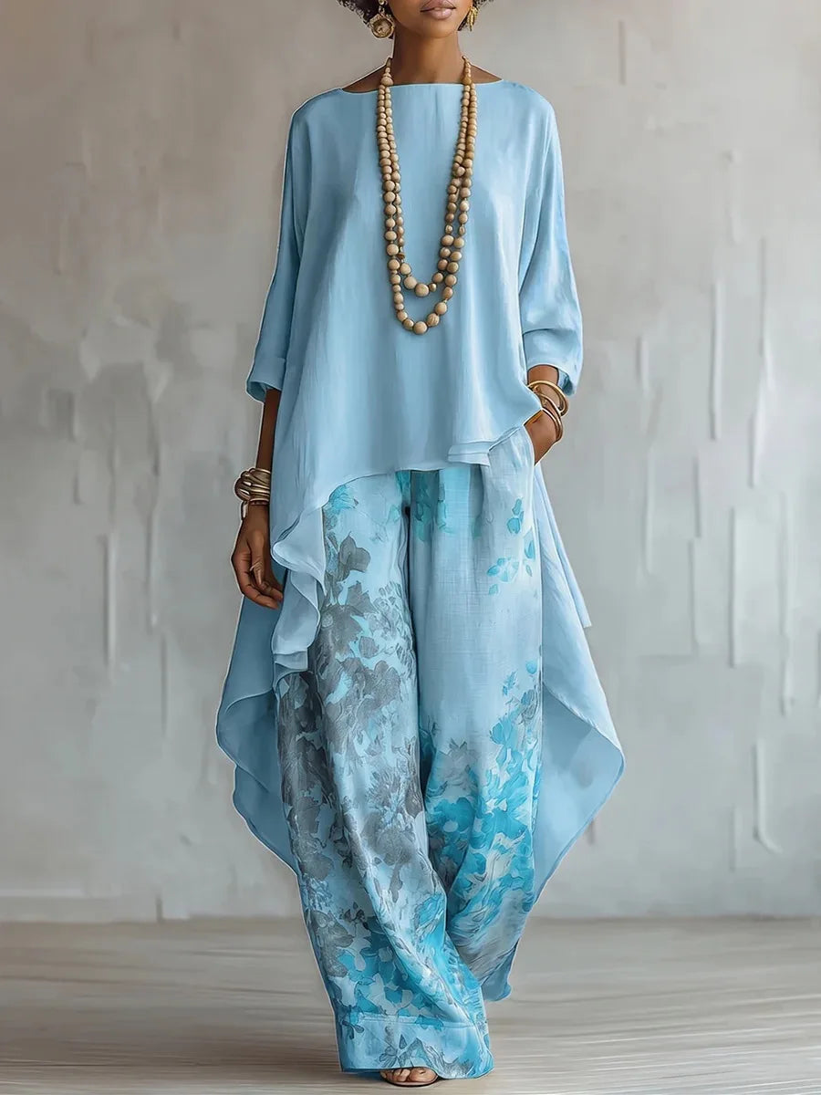 Floral Print Asymmetrical Top Two-Piece Set