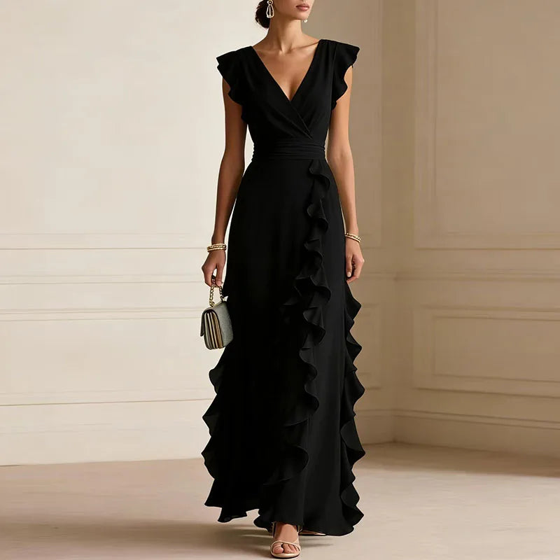 Deep V-Neck Ruffle Trim Maxi Dress