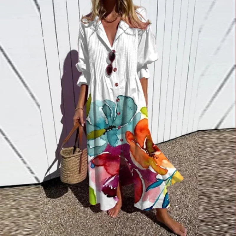 Floral V-Neck Maxi Dress With Long Sleeves