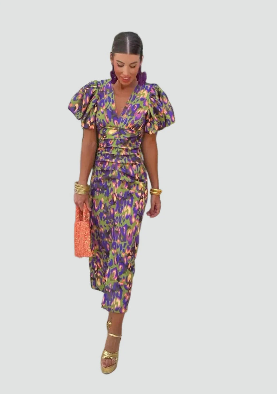 Puff Sleeve Deep V-Neck Midi Dress Floral Print
