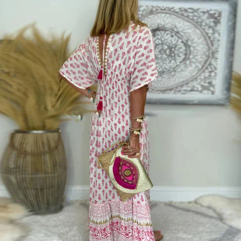 Boho Print Short Sleeve Maxi Dress
