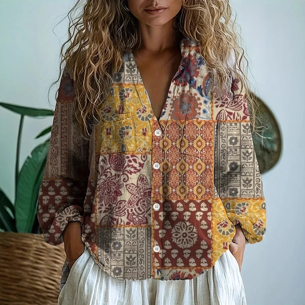 Printed V-Neck Long Sleeve Relaxed Fit Blouse