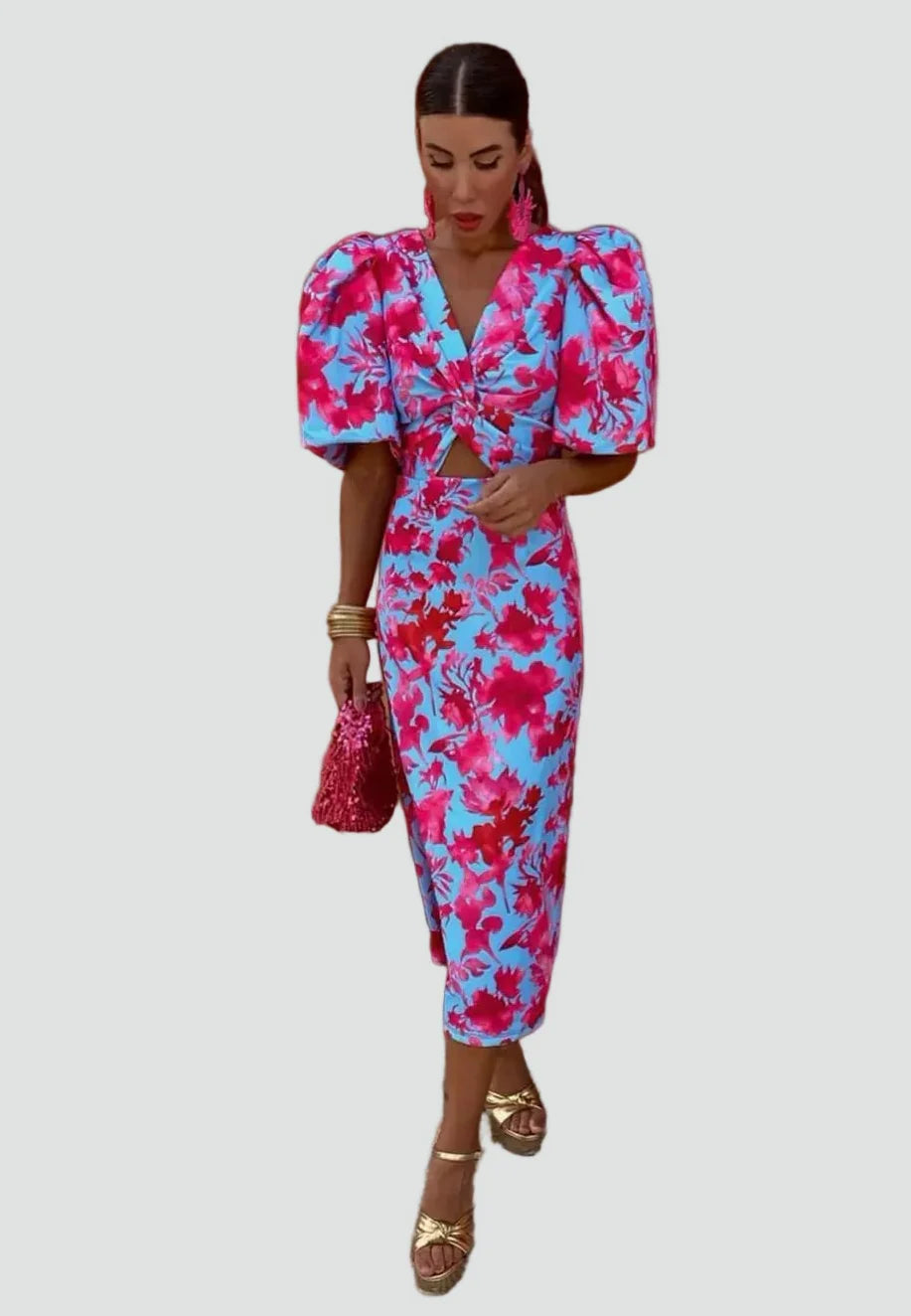 Puff Sleeve Deep V-Neck Midi Dress Floral Print