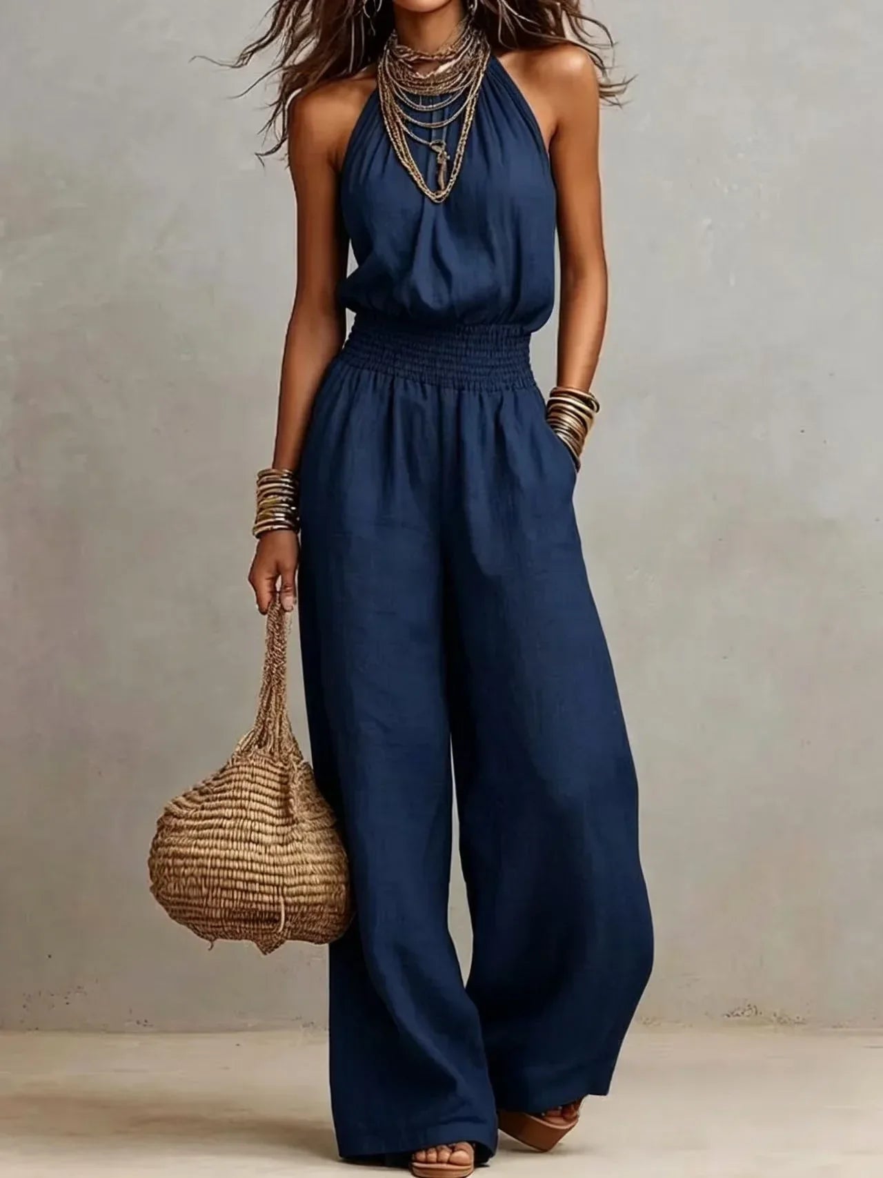 Flowing Wide Leg Halter Jumpsuit