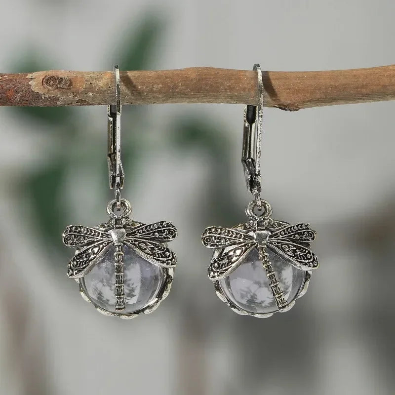 Dragonfly Antique Drop Earrings with Enamel Detail