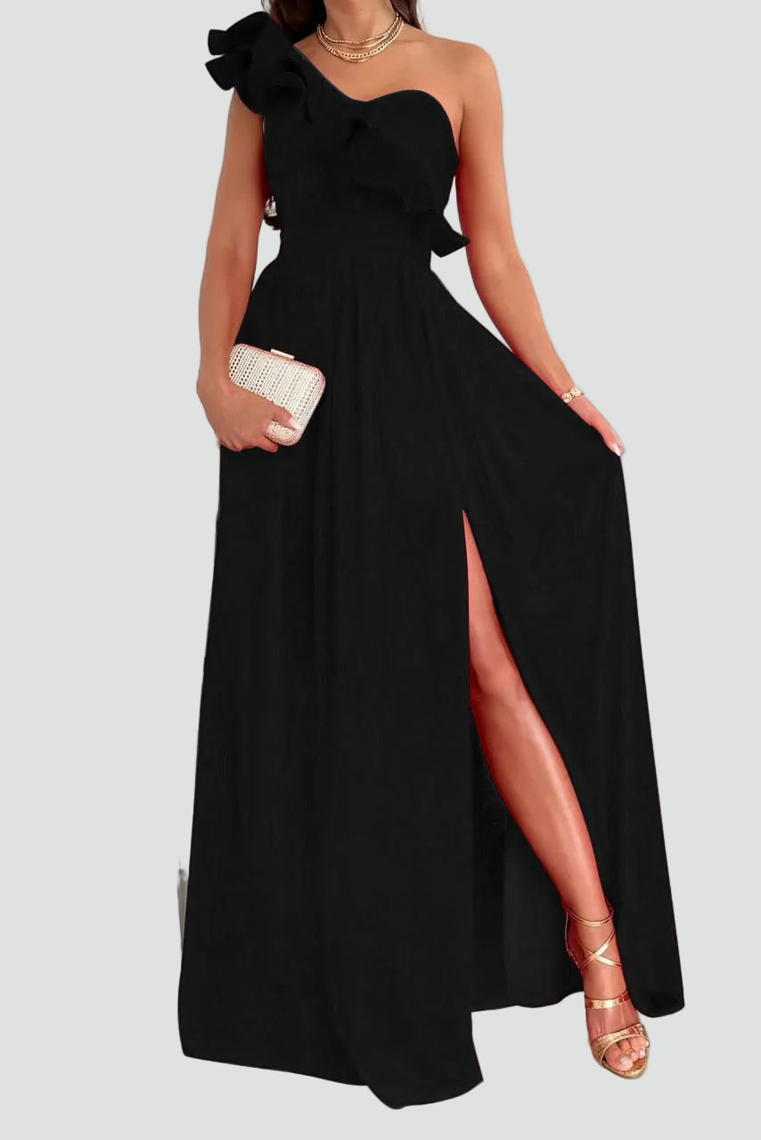 Maxi Evening Dress With One-Shoulder Ruffle and High Slit