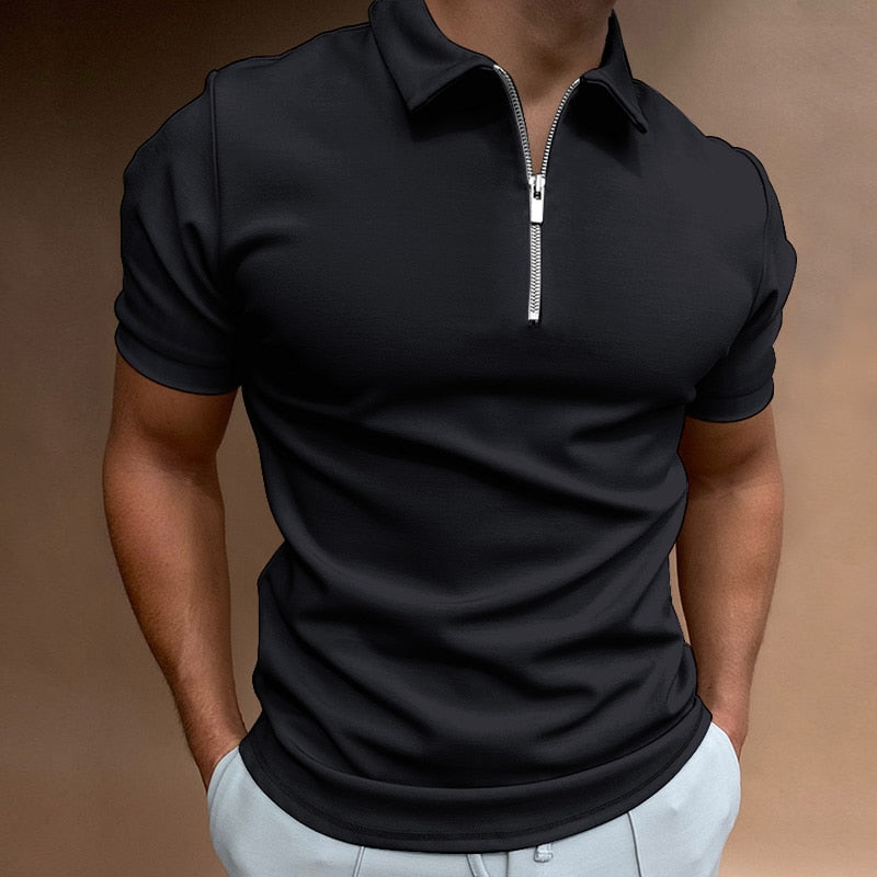 Men Slim Fit Short Sleeve Zip Collar Polo Shirt
